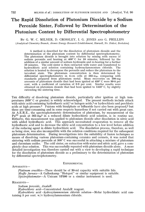 The rapid dissolution of plutonium dioxide by a sodium peroxide sinter, followed by determination of the plutonium content by differential spectrophotometry