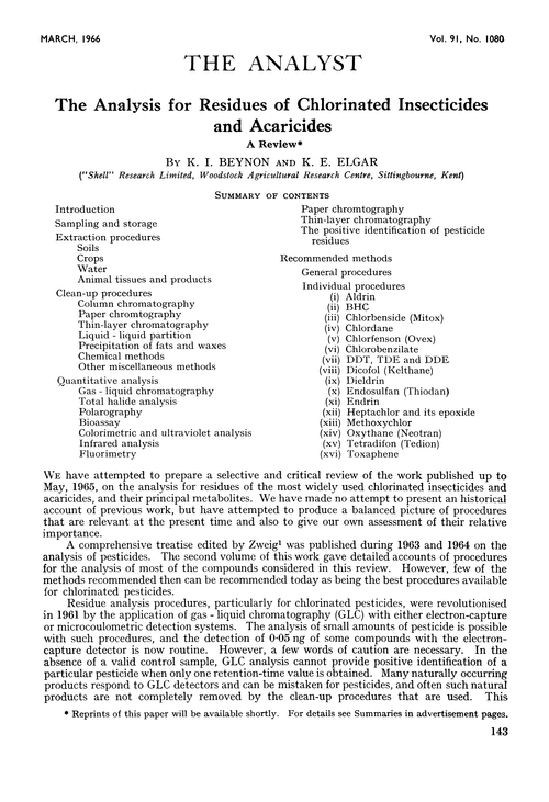 The analysis for residues of chlorinated insecticides and acaricides. A review