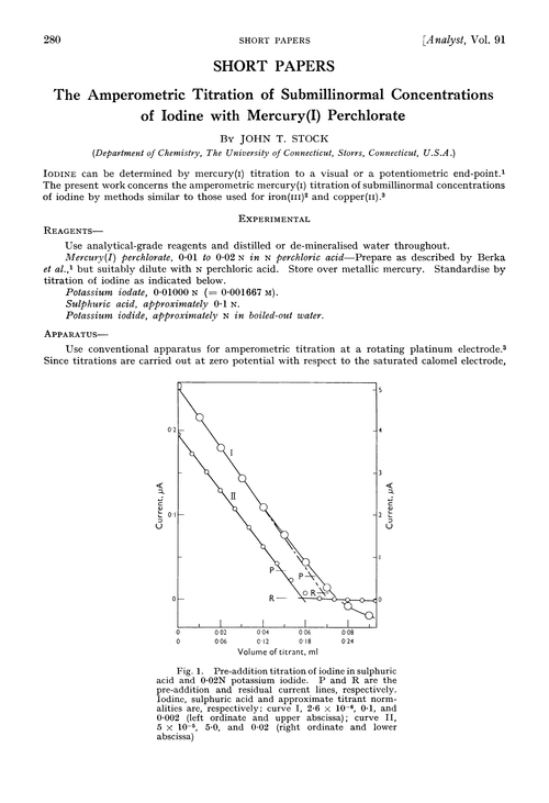 The amperometric titration of submillinormal concentrations of iodine with mercury(I) perchlorate