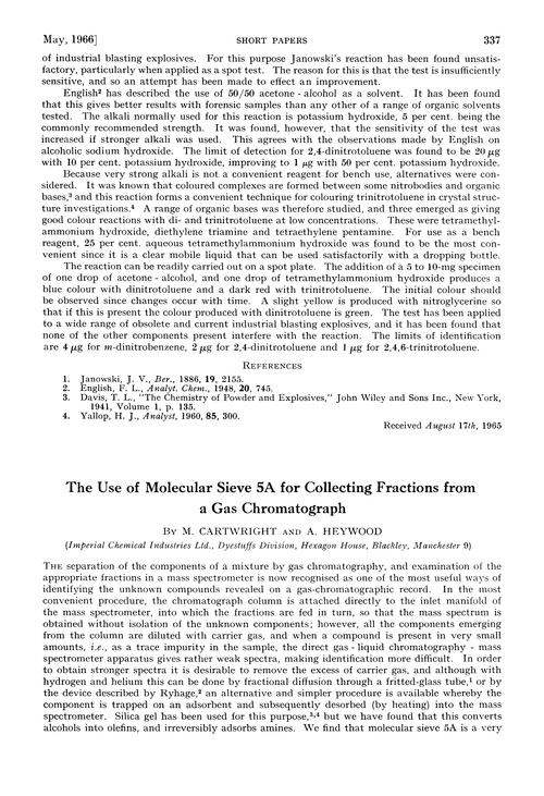 The use of molecular sieve 5A for collecting fractions from a gas chromatograph