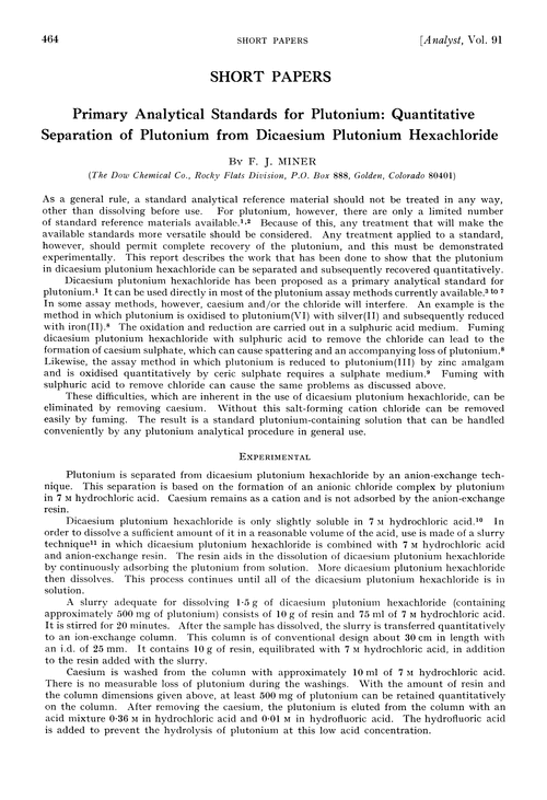 Primary analytical standards for plutonium: quantitative separation of plutonium from dicaesium plutonium hexachloride