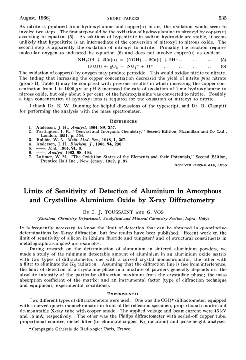 Limits of sensitivity of detection of aluminium in amorphous and crystalline aluminium oxide by x-ray diffractometry