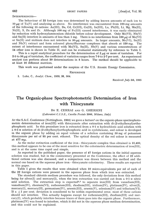 The organic-phase spectrophotometric determination of iron with thiocyanate