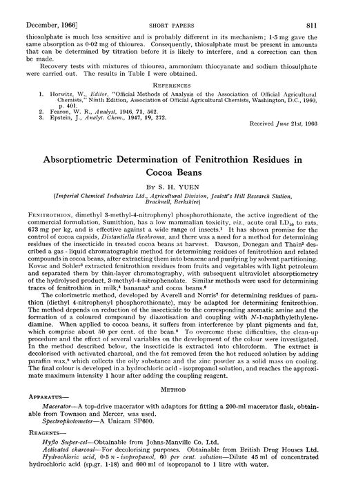 Absorptiometric determination of fenitrothion residues in cocoa beans