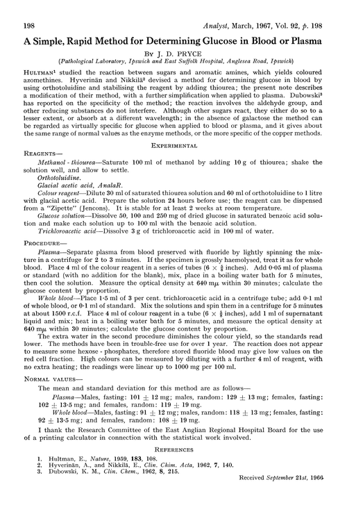 A simple, rapid method for determining glucose in blood or plasma