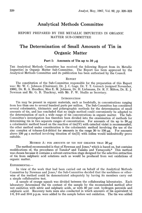 The determination of small amounts of tin in organic matter. Part I: amounts of tin up to 30 µg