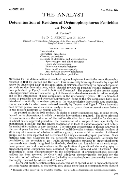 Determination of residues of organophosphorus pesticides in foods. A review