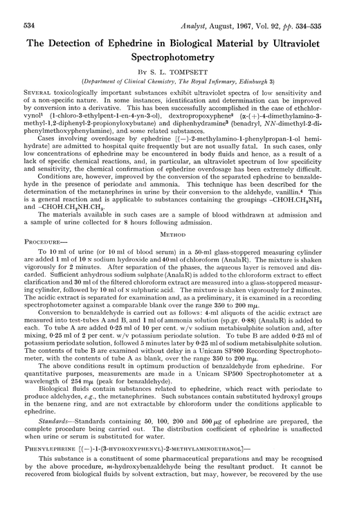 The detection of ephedrine in biological material by ultraviolet spectrophotometry