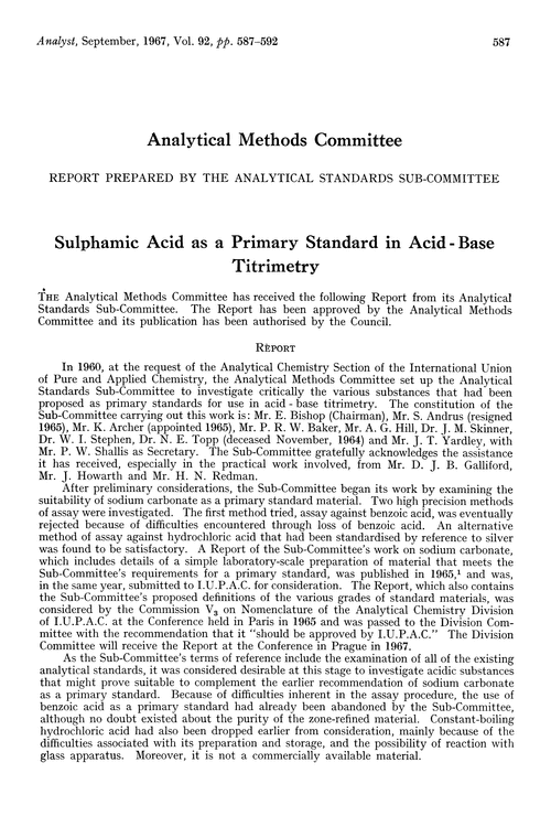 Sulphamic acid as a primary standard in acid-base titrimetry