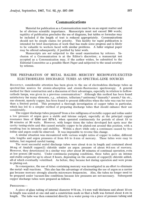 Communications. The preparation of metal halide-mercury microwave-excited electrodeless discharge tubes as spectral-line sources
