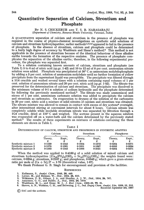 Quantitative separation of calcium, strontium and phosphate