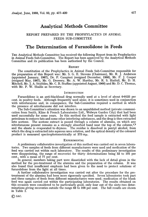 The determination of furazolidone in feeds