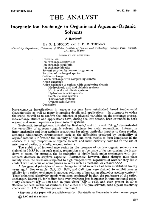 Inorganic ion exchange in organic and aqueous-organic solvents. A review