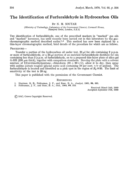 The identification of furfuraldehyde in hydrocarbon oils
