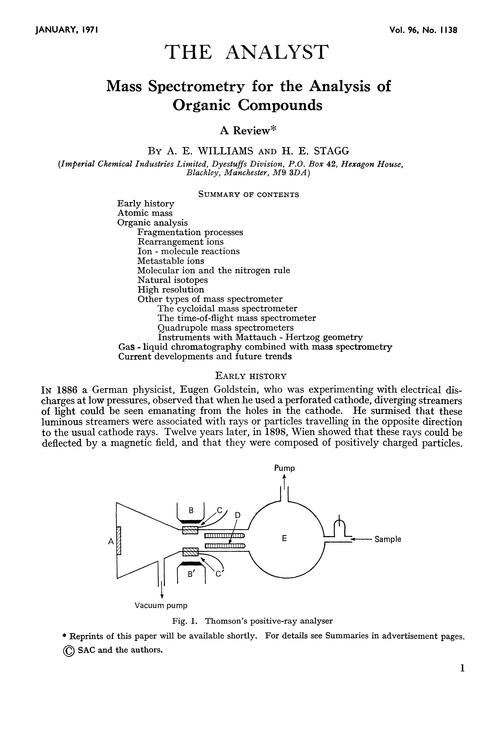 Mass spectrometry for the analysis of organic compounds. A review