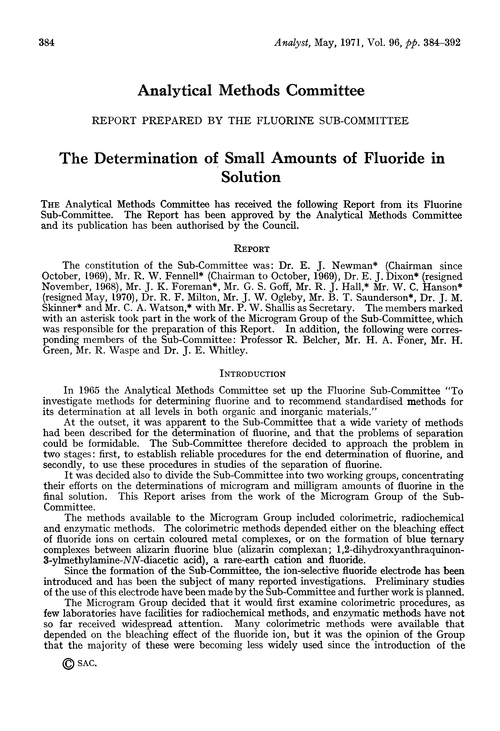 The determination of small amounts of fluoride in solution