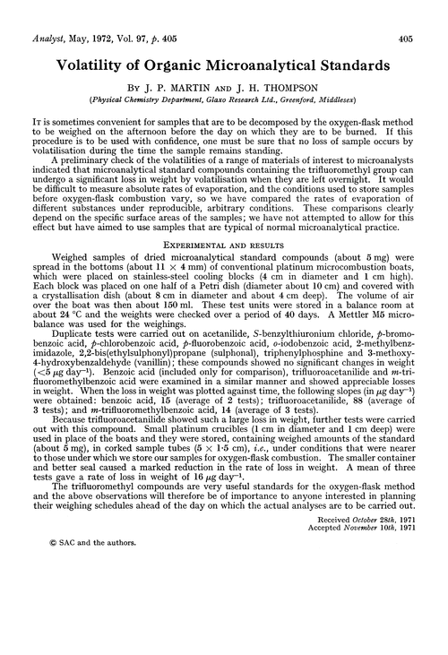 Volatility of organic microanalytical standards