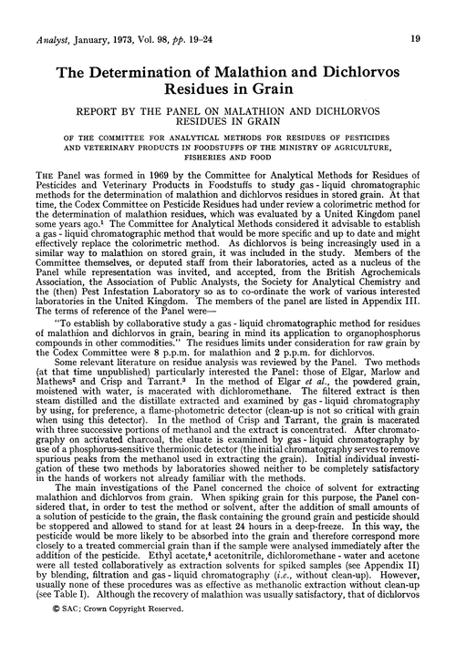 The determination of malathion and dichlorvos residues in grain