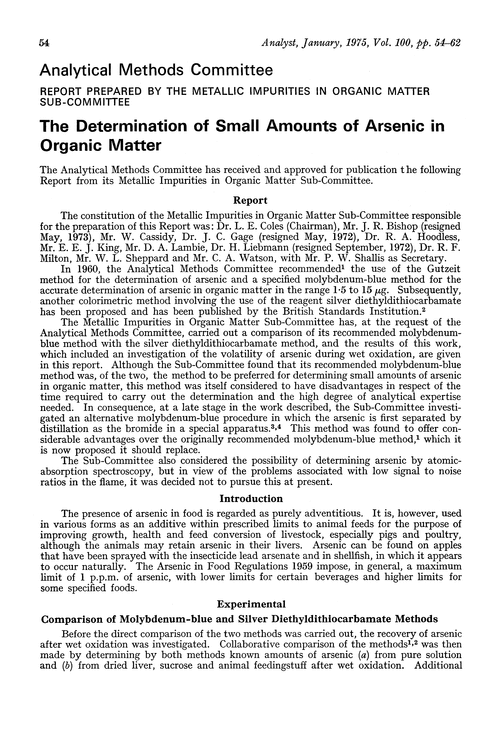 The determination of small amounts of arsenic in organic matter