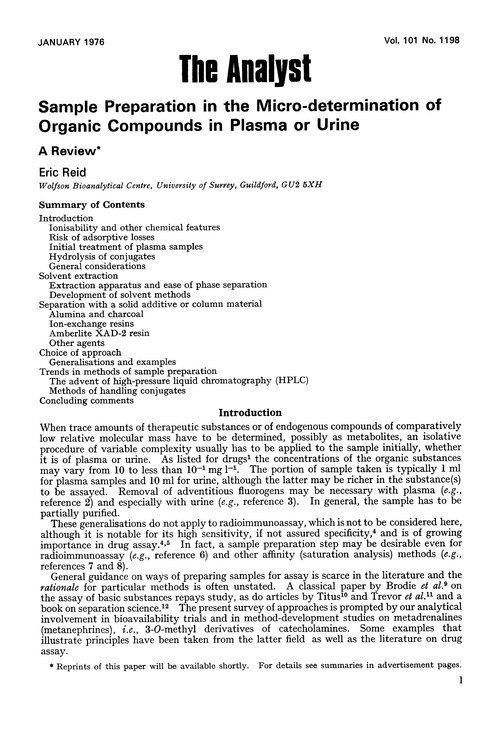 Sample preparation in the micro-determination of organic compounds in plasma or urine. A review