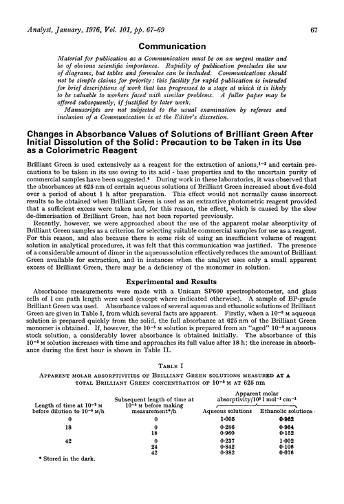 Communication. Changes in absorbance values of solutions of Brilliant Green after initial dissolution of the solid: precaution to be taken in its use as a colorimetric reagent