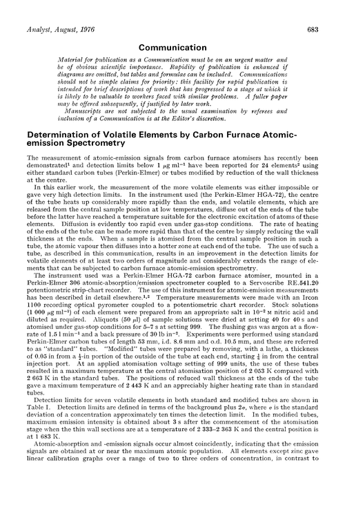 Communication. Determination of volatile elements by carbon furnance atomic-emission spectrometry