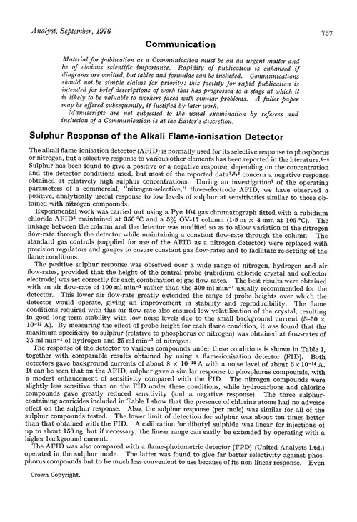 Communication. Sulphur response of the alkali flame-ionisation detector