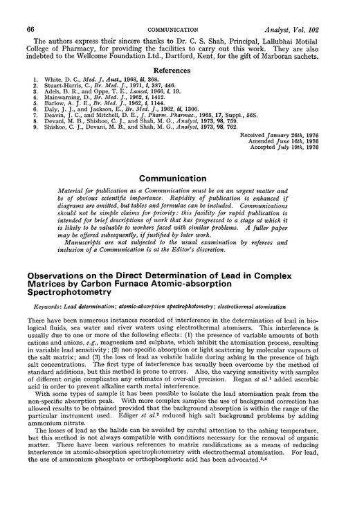 Communication. Observations on the direct determination of lead in complex matrices by carbon furnace atomic-absorption spectrophotometry