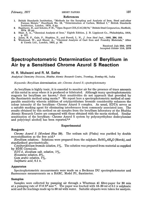 Spectrophotometric determination of beryllium in air by a sensitised Chrome Azurol S reaction