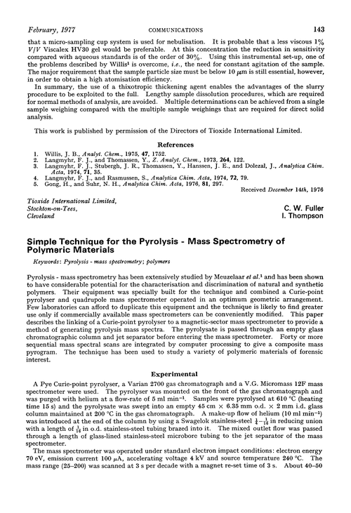 Simple technique for the pyrolysis-mass spectrometry of polymeric materials