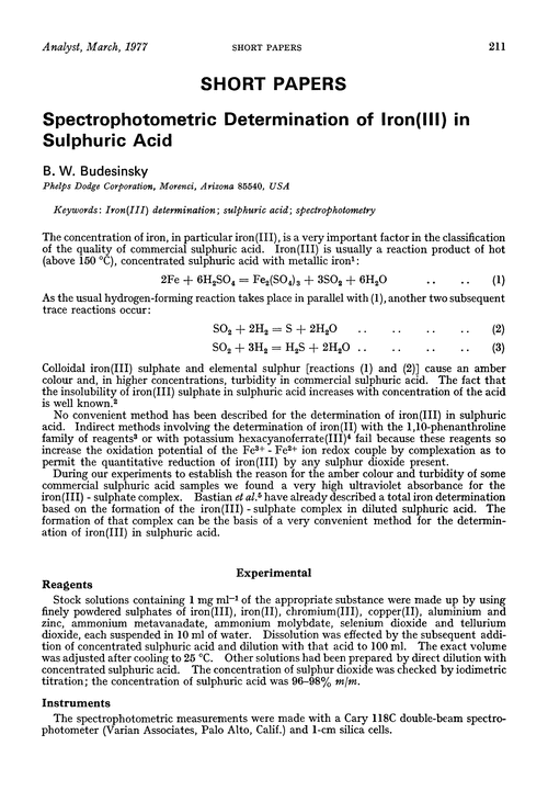 Spectrophotometric determination of iron(III) in sulphuric acid