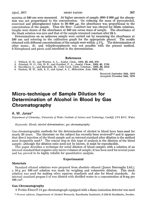Micro-technique of sample dilution for determination of alcohol in blood by gas chromatography