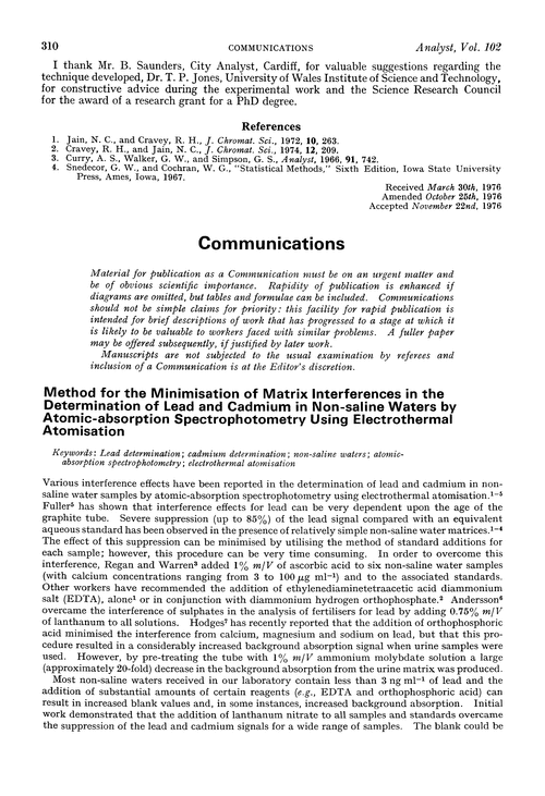 Communications. Method for the minimisation of matrix interferences in the determination of lead and cadmium in non-saline waters by atomic-absorption spectrophotometry using electrothermal atomisation