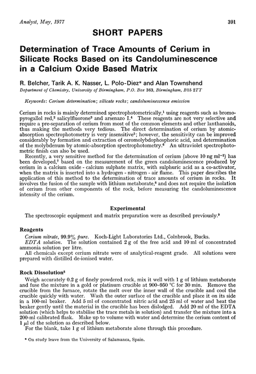 Determination of trace amounts of cerium in silicate rocks based on its candoluminescence in a calcium oxide based matrix