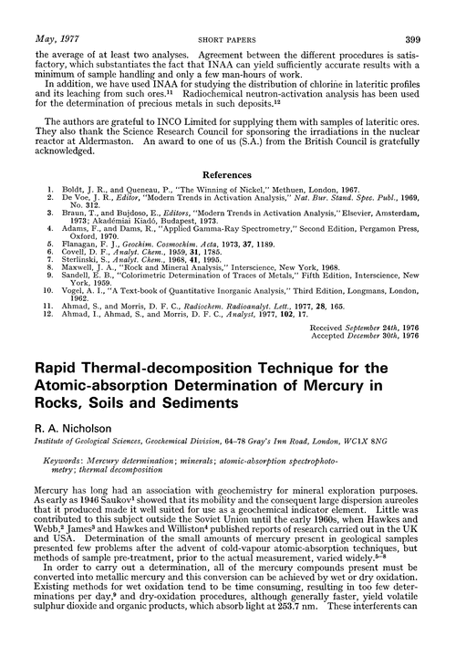 Rapid thermal-decomposition technique for the atomic-absorption determination of mercury in rocks, soils and sediments