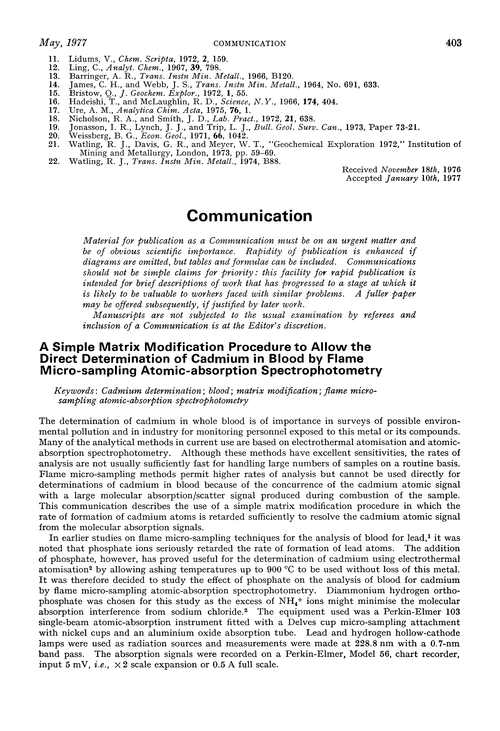 Communication. A simple matrix modification procedure to allow the direct determination of cadmium in blood by flame micro-sampling atomic-absorption spectrophotometry
