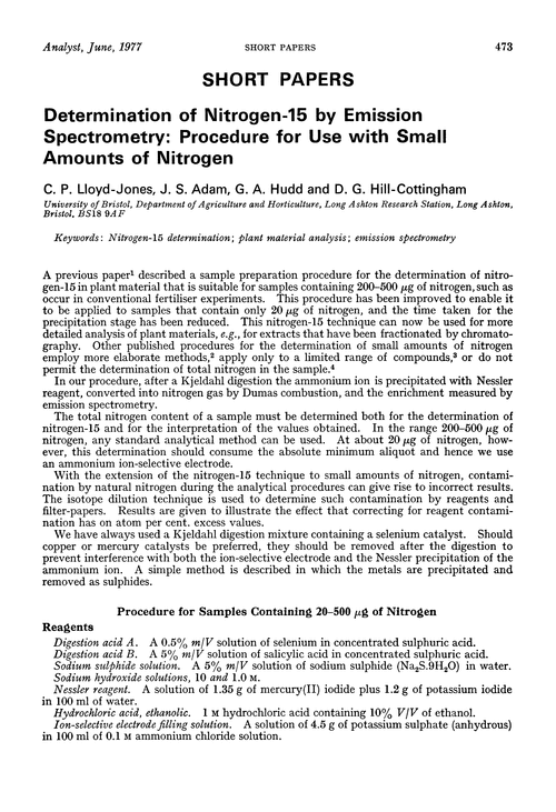 Determination of nitrogen-15 by emission spectrometry: procedure for use with small amounts of nitrogen