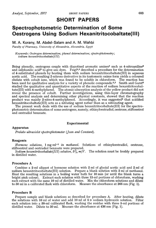 Spectrophotometric determination of some oestrogens using sodium hexanitritocobaltate(III)