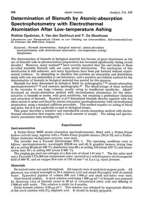 Determination of bismuth by atomic-absorption spectrophotometry with electrothermal atomisation after low-temperature ashing