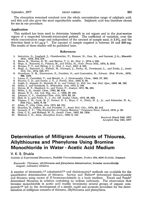 Determination of milligram amounts of thiourea, allylthiourea and phenylurea using bromine monochloride in water-acetic acid medium