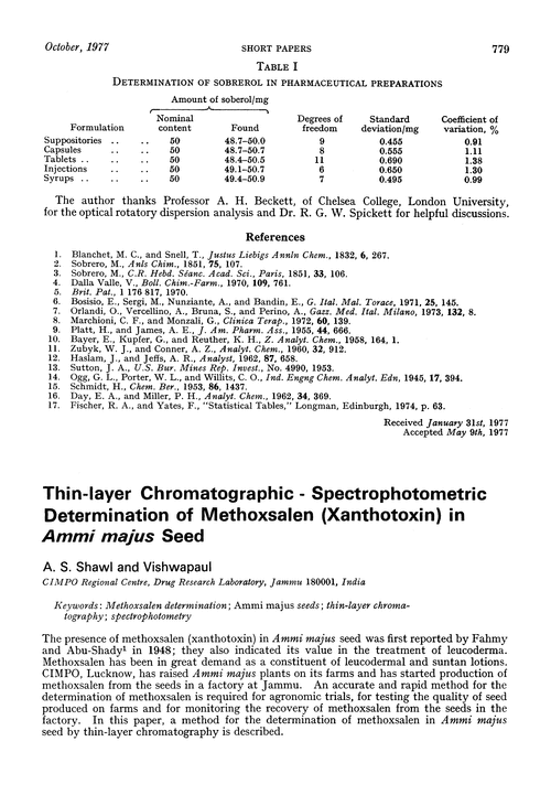 Thin-layer chromatographic-spectrophotometric determination of methoxsalen (xanthotoxin) in Ammi majus seed