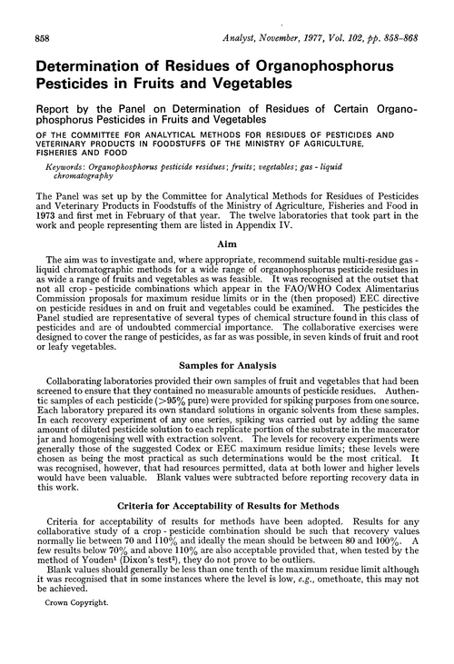 Determination of residues of organophosphorus pesticides in fruits and vegetables