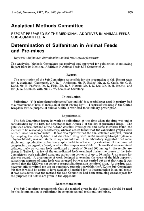 Determination of sulfanitran in animal feeds and pre-mixes