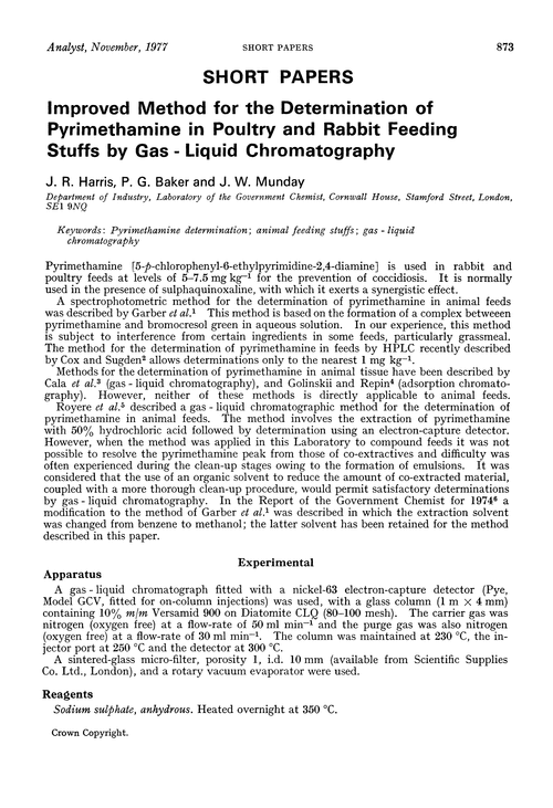 Improved method for the determination of pyrimethamine in poultry and rabbit feeding stuffs by gas-liquid chromatography