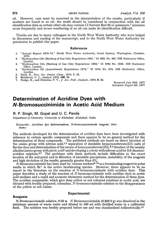 Determination of acridine dyes with N-bromosuccinimide in acetic acid medium
