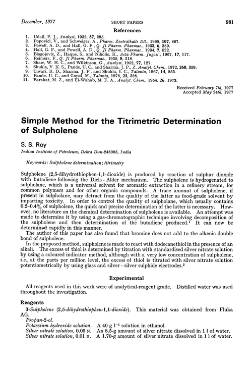 Simple method for the titrimetric determination of sulpholene