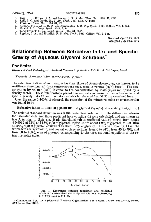 Relationship between refractive index and specific gravity of aqueous glycerol solutions