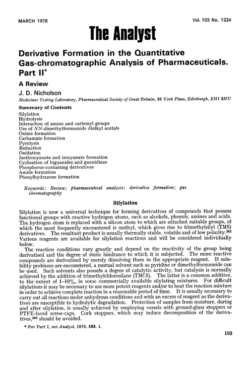 Derivative formation in the quantitative gas-chromatographic analysis of pharmaceuticals. Part II. A review