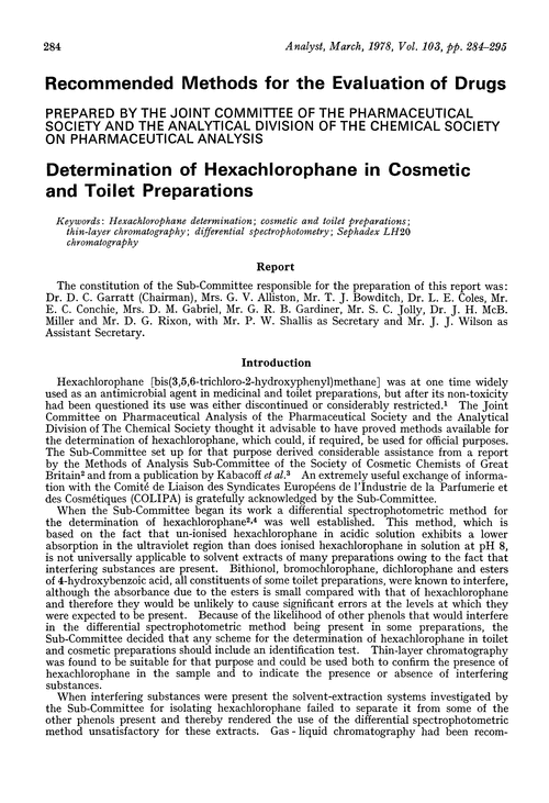 Determination of hexachlorophane in cosmetic and toilet preparations