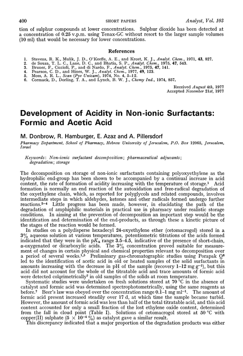 Development of acidity in non-ionic surfactants: formic and acetic acid